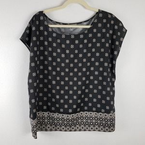 Vince Camuto Women's L Cap Sleeve Boxy Top Black Medallion Paisley Print Blouse